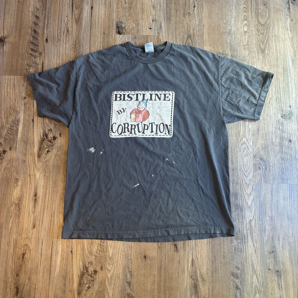Vintage AA Gray Cotton Knit "BISTLINE of CORRUPTION" Graphic T-Shirt Men's 2XL